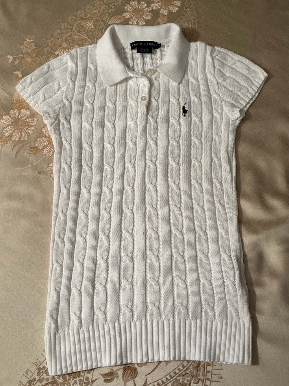 Ralph Lauren White Cable-Knit Short Sleeve Polo Shirt Size S